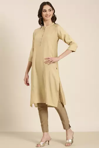 women's calf length mandarin collar beige solid straight kurta
