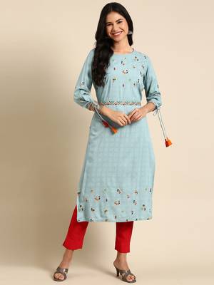 women's calf length round neck turquoise blue ethnic motifs straight kurta 4