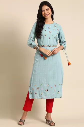 women's calf length round neck turquoise blue ethnic motifs straight kurta