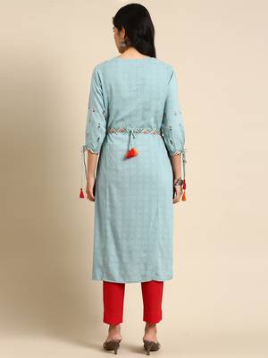 women's calf length round neck turquoise blue ethnic motifs straight kurta 5