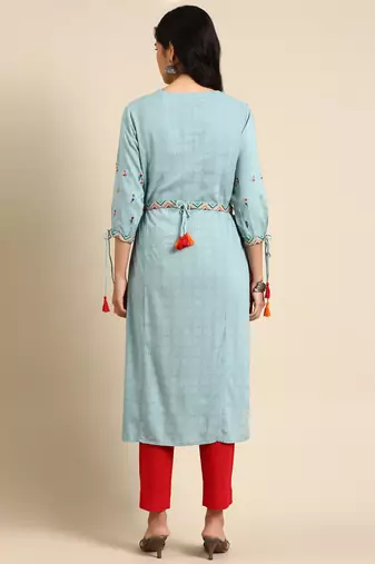 women's calf length round neck turquoise blue ethnic motifs straight kurta