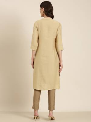 women's calf length mandarin collar beige solid straight kurta 5