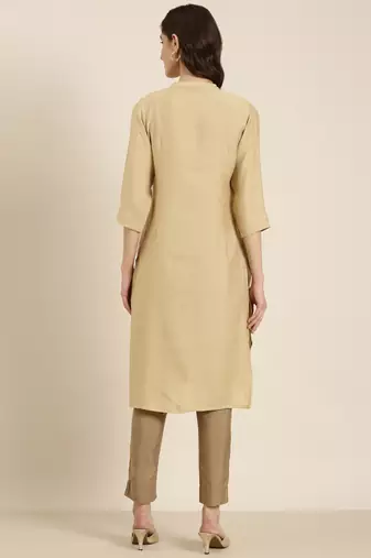 women's calf length mandarin collar beige solid straight kurta