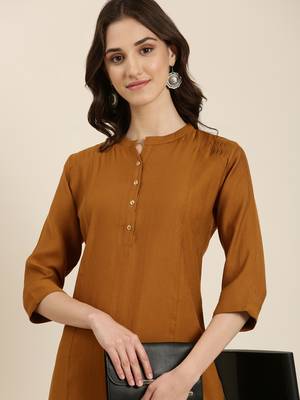 women's calf length mandarin collar camel brown solid straight kurta 1