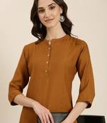 women's calf length mandarin collar camel brown solid straight kurta