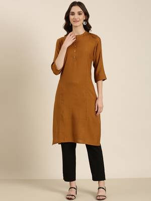women's calf length mandarin collar camel brown solid straight kurta 2