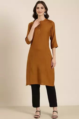 women's calf length mandarin collar camel brown solid straight kurta