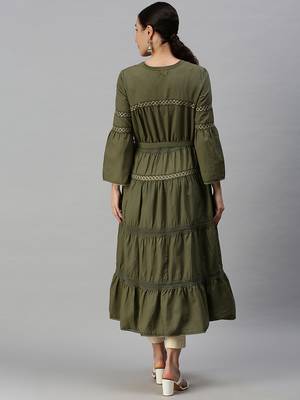 women's calf length square neck olive solid anarkali kurta 4
