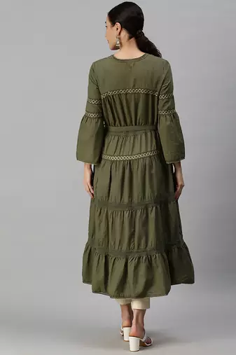 women's calf length square neck olive solid anarkali kurta