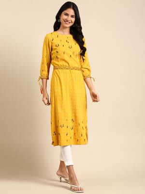 women's calf length round neck yellow ethnic motifs straight kurta 1