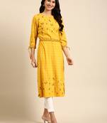 women's calf length round neck yellow ethnic motifs straight kurta
