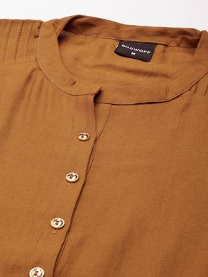women's calf length mandarin collar camel brown solid straight kurta 3