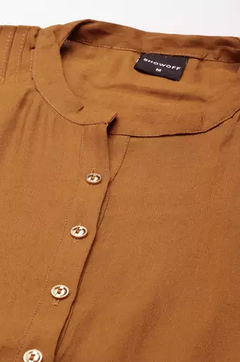 women's calf length mandarin collar camel brown solid straight kurta
