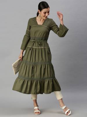 women's calf length square neck olive solid anarkali kurta 5