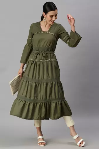women's calf length square neck olive solid anarkali kurta