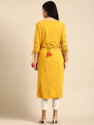 women's calf length round neck yellow ethnic motifs straight kurta 5