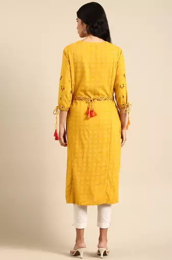 women's calf length round neck yellow ethnic motifs straight kurta