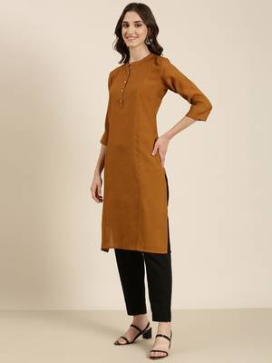 women's calf length mandarin collar camel brown solid straight kurta 4