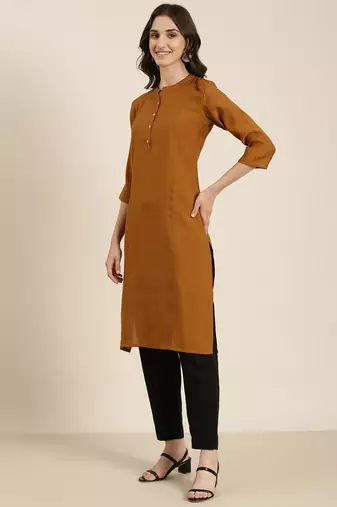 women's calf length mandarin collar camel brown solid straight kurta