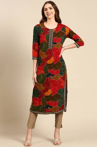 women's calf length round neck multi colourblocked straight kurta