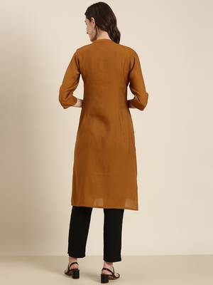 women's calf length mandarin collar camel brown solid straight kurta 5
