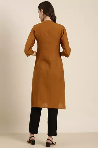 women's calf length mandarin collar camel brown solid straight kurta