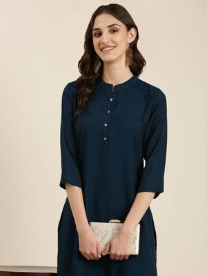 women's calf length mandarin collar teal solid straight kurta 2