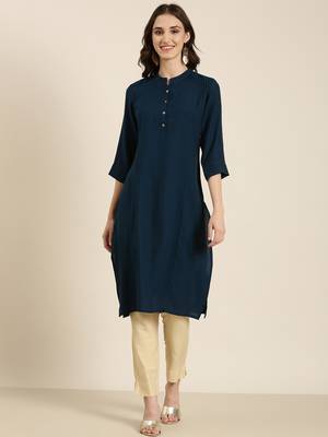 women's calf length mandarin collar teal solid straight kurta 3
