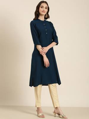 women's calf length mandarin collar teal solid straight kurta 1