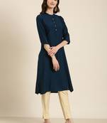 women's calf length mandarin collar teal solid straight kurta