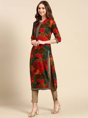 women's calf length round neck multi colourblocked straight kurta 5
