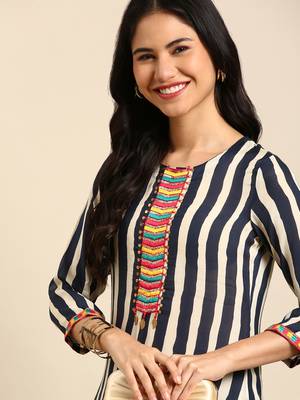 women's calf length round neck navy blue striped straight kurta 1