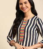 women's calf length round neck navy blue striped straight kurta