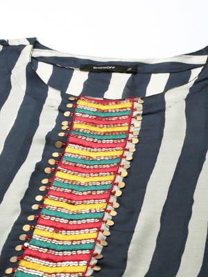 women's calf length round neck navy blue striped straight kurta 2