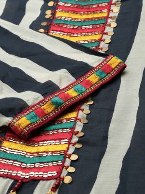 women's calf length round neck navy blue striped straight kurta 3