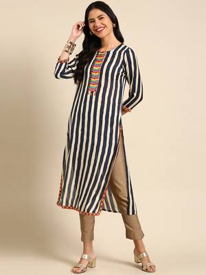 women's calf length round neck navy blue striped straight kurta 4