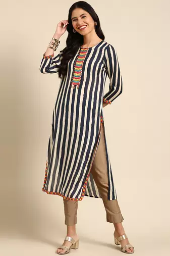 women's calf length round neck navy blue striped straight kurta