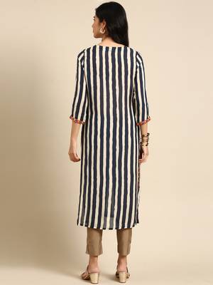 women's calf length round neck navy blue striped straight kurta 5