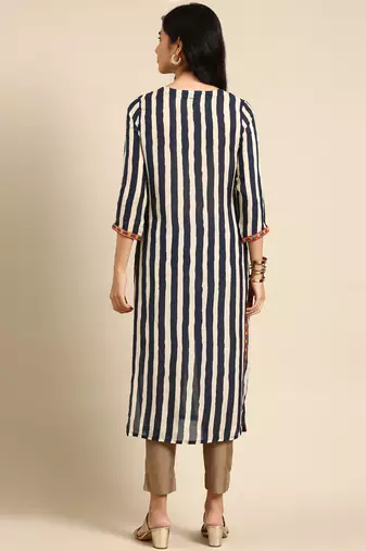 women's calf length round neck navy blue striped straight kurta