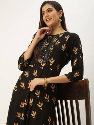 women's ankle length round neck coffee brown embellished a-line kurta 1