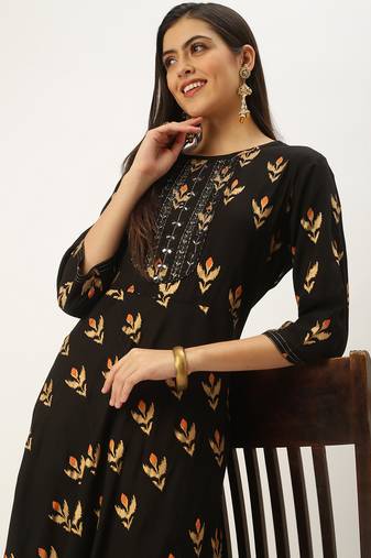 women's ankle length round neck coffee brown embellished a-line kurta