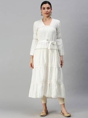 women's calf length square neck white solid anarkali kurta 2