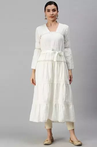 women's calf length square neck white solid anarkali kurta