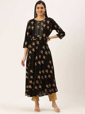 women's ankle length round neck coffee brown embellished a-line kurta 2