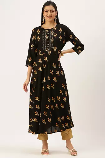 women's ankle length round neck coffee brown embellished a-line kurta