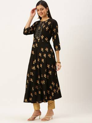 women's ankle length round neck coffee brown embellished a-line kurta 3