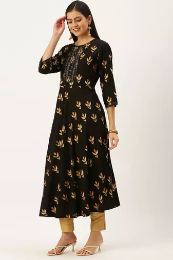 women's ankle length round neck coffee brown embellished a-line kurta