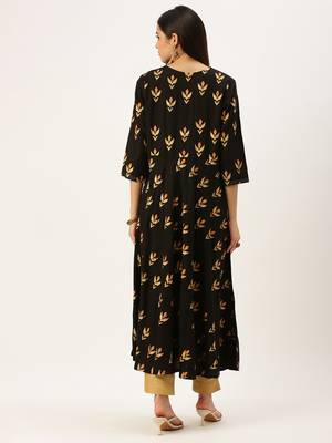 women's ankle length round neck coffee brown embellished a-line kurta 4