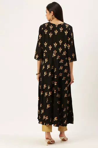 women's ankle length round neck coffee brown embellished a-line kurta