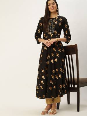 women's ankle length round neck coffee brown embellished a-line kurta 5